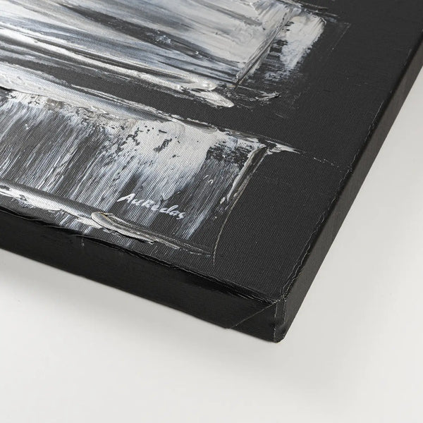 Leinwandbild handgemalt Gemälde mit Acrylfarbe und Strukturpaste im Panorama, Klang des Metalls, 100x50 mit Bilderrahmen in Weiß