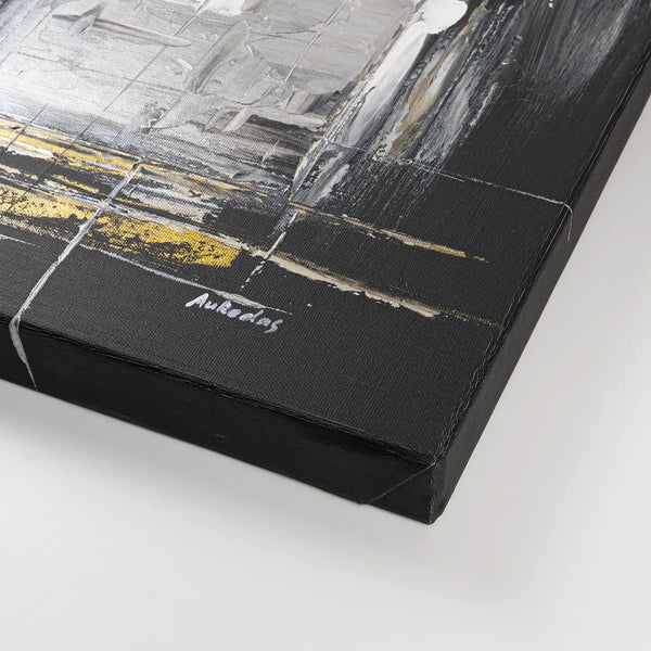 Leinwandbild handgemalt Gemälde mit Acrylfarbe und Strukturpaste im Panorama, Dunkle Eleganz, 100x50 mit Bilderrahmen in Weiß