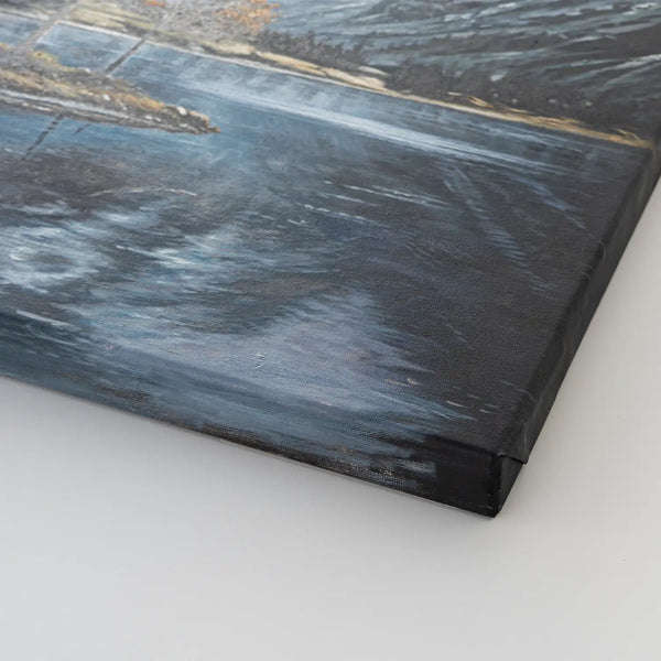 Leinwandbild handgemalt mit Acrylfarbe und Strukturpaste im Hochformat, Zwischen Berg und See, 60x80 mit Bilderrahmen in Weiß