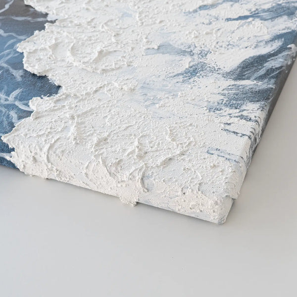 Leinwandbild handgemalt mit Acrylfarbe und Strukturpaste im Hochformat, Wellen des Seins, 60x80 mit Bilderrahmen in Weiß