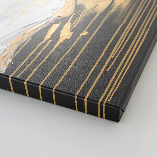 Leinwandbild handgemalt mit Acrylfarbe und Strukturpaste im Hochformat, Das goldene Schweigen, 60x80 mit Bilderrahmen in Weiß