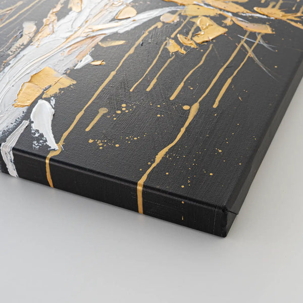 Leinwandbild handgemalt mit Acrylfarbe und Strukturpaste im Hochformat, Golden Leaves, 60x80 mit Bilderrahmen in Weiß