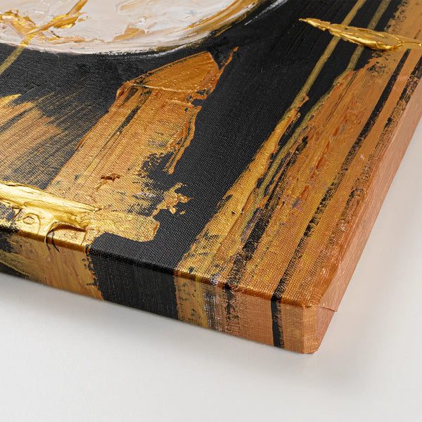 Leinwandbild handgemalt mit Acrylfarbe und Strukturpaste im Hochformat, Die Zukunft traegt Gold, 60x80 mit Bilderrahmen in Weiß