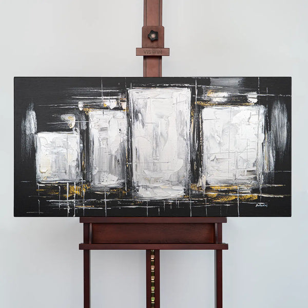Leinwandbild handgemalt Gemälde mit Acrylfarbe und Strukturpaste im Panorama, Dunkle Eleganz, 100x50 mit Bilderrahmen in Schwarz