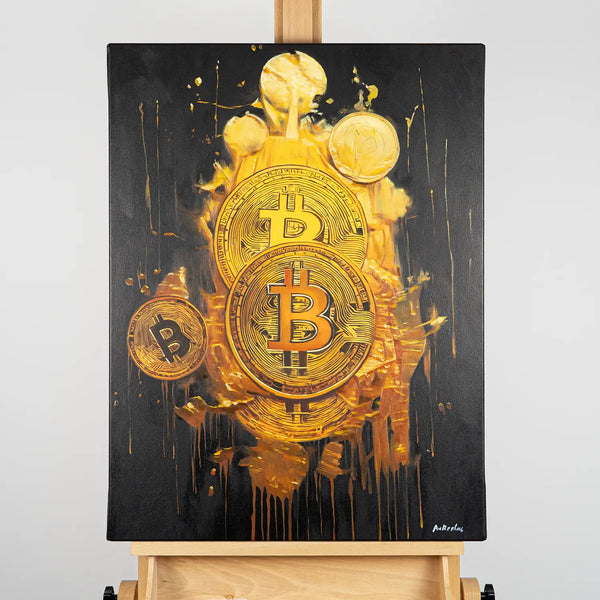 Leinwandbild handgemalt mit Acrylfarbe und Strukturpaste im Hochformat, Goldene Illusionen, 60x80 mit Bilderrahmen in Schwarz