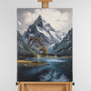 Leinwandbild handgemalt mit Acrylfarbe und Strukturpaste im Hochformat, Zwischen Berg und See, 60x80 mit Bilderrahmen in Schwarz