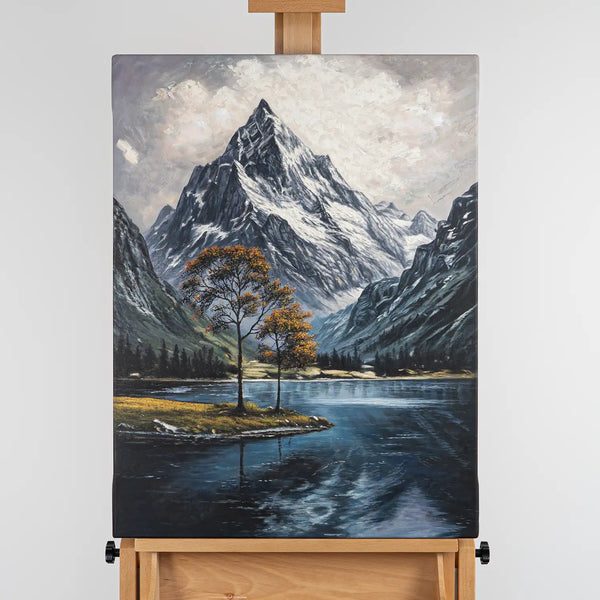 Leinwandbild handgemalt mit Acrylfarbe und Strukturpaste im Hochformat, Zwischen Berg und See, 60x80 mit Bilderrahmen in Schwarz