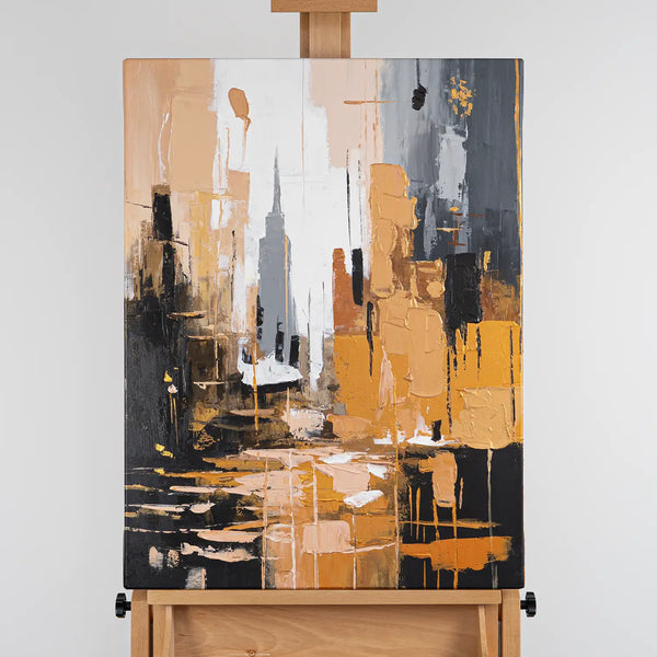 Leinwandbild handgemalt mit Acrylfarbe und Strukturpaste im Hochformat, Skyscraper, 60x80 mit Bilderrahmen in Schwarz