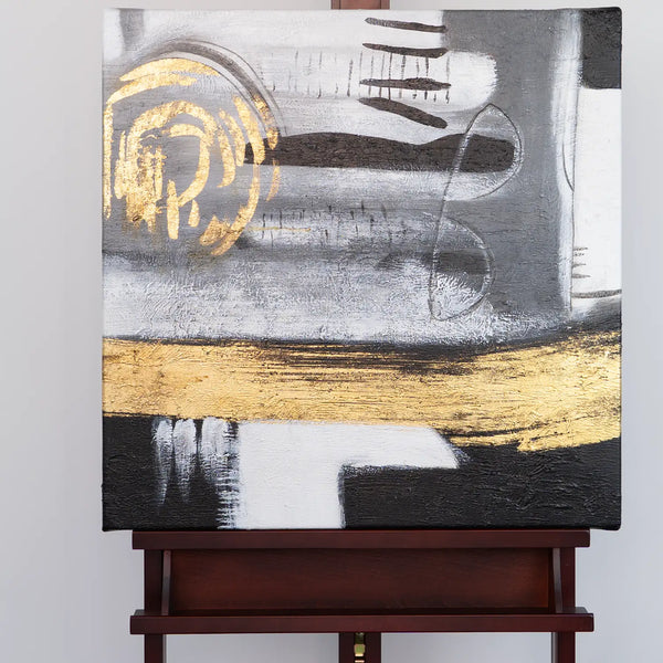 Leinwandbild handgemalt mit Acrylfarbe und Strukturpaste im Quadratisch, Goldenes Jetzt, 60x60 mit Bilderrahmen in Schwarz