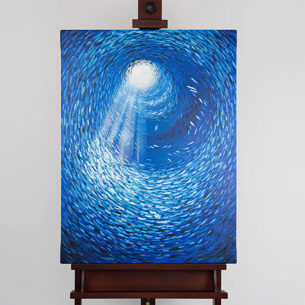 Leinwandbild handgemalt mit Acrylfarbe und Strukturpaste im Hochformat, Tiefen der Stille, 60x80 mit Bilderrahmen in Schwarz