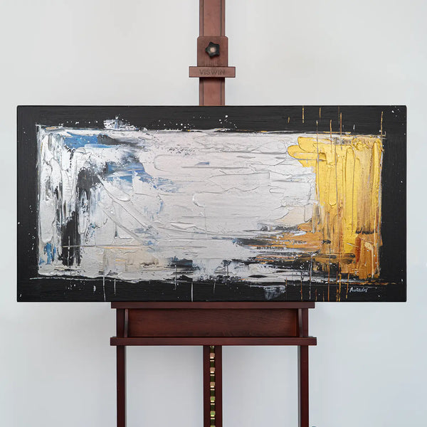 Leinwandbild handgemalt Gemälde mit Acrylfarbe und Strukturpaste im Panorama, Verschmelzen der Elemente, 100x50 mit Bilderrahmen in Schwarz