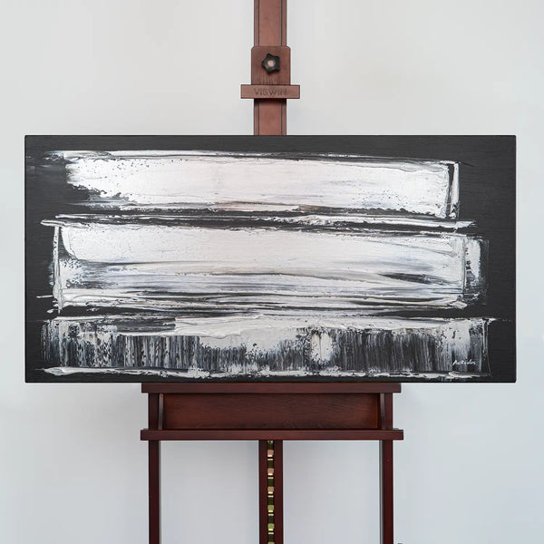 Leinwandbild handgemalt Gemälde mit Acrylfarbe und Strukturpaste im Panorama, Klang des Metalls, 100x50 mit Bilderrahmen in Schwarz