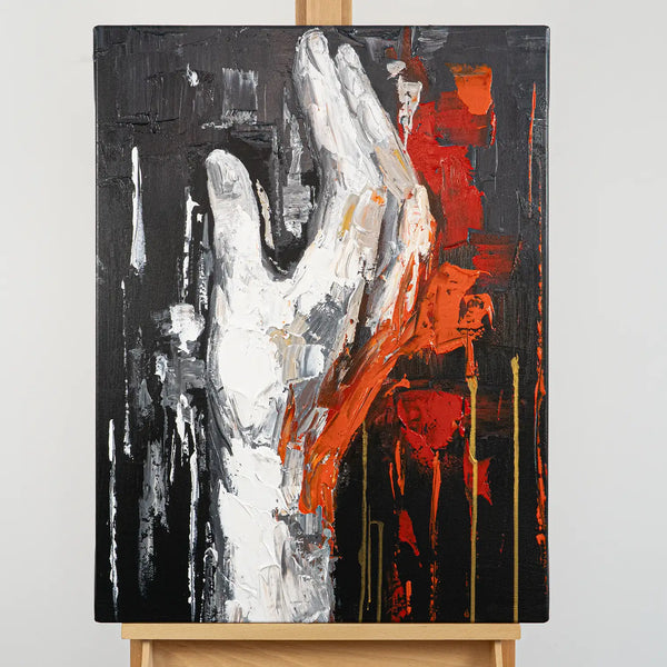 Leinwandbild handgemalt mit Acrylfarbe und Strukturpaste im Hochformat, Flamme des Willens, 60x80 mit Bilderrahmen in Schwarz