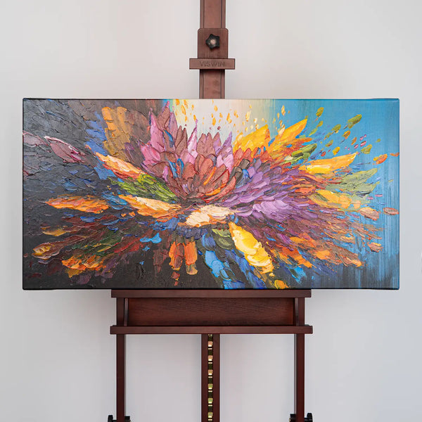 Leinwandbild handgemalt Gemälde mit Acrylfarbe und Strukturpaste im Panorama, Tanz der Farben, 100x50 mit Bilderrahmen in Schwarz