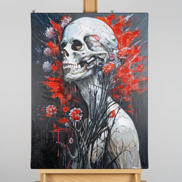 Leinwandbild handgemalt mit Acrylfarbe und Strukturpaste im Hochformat, Wo das Fleisch verstummt, 60x80 mit Bilderrahmen in Schwarz