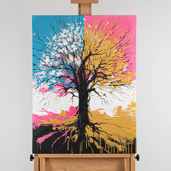 Leinwandbild handgemalt mit Acrylfarbe und Strukturpaste im Hochformat, Chromatischer Wipfel, 60x80 mit Bilderrahmen in Schwarz