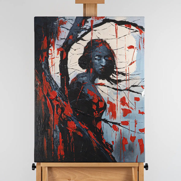 Leinwandbild handgemalt mit Acrylfarbe und Strukturpaste im Hochformat, Schwarze Phytomorphe, 60x80 mit Bilderrahmen in Schwarz