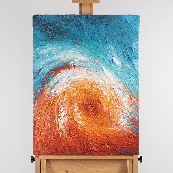 Leinwandbild handgemalt mit Acrylfarbe und Strukturpaste im Hochformat, Im Wirbel der Zeit, 60x80 mit Bilderrahmen in Schwarz