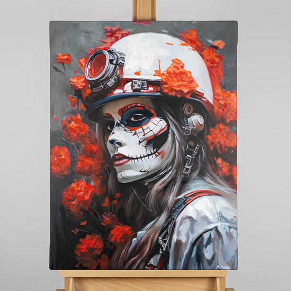 Leinwandbild handgemalt mit Acrylfarbe und Strukturpaste im Hochformat, Bluete der Schattenkriegerin, 60x80 mit Bilderrahmen in Schwarz