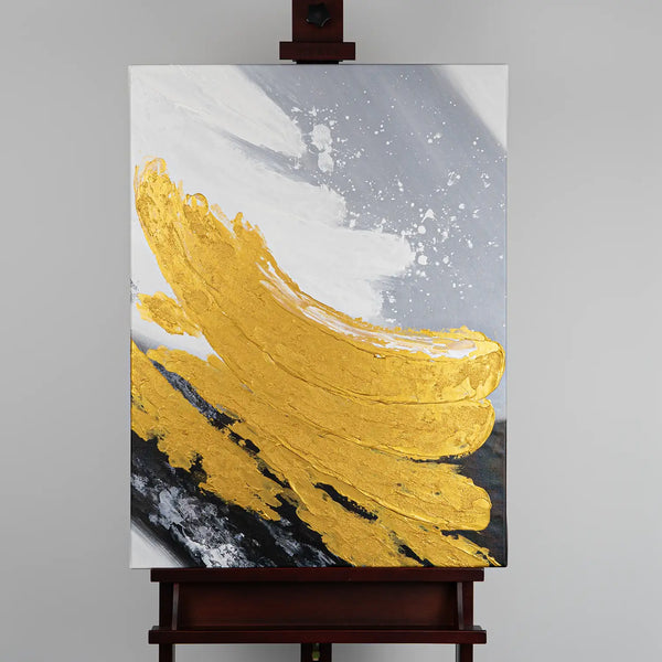 Leinwandbild handgemalt mit Acrylfarbe und Strukturpaste im Hochformat, Goldene Reflexionen, 60x80 mit Bilderrahmen in Schwarz