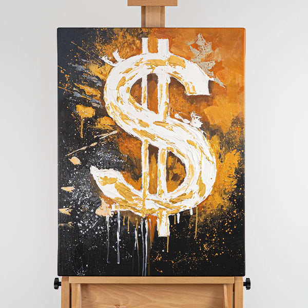 Leinwandbild handgemalt mit Acrylfarbe und Strukturpaste im Hochformat, Dollar, 60x80 mit Bilderrahmen in Schwarz