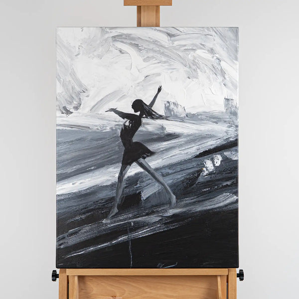 Leinwandbild handgemalt mit Acrylfarbe und Strukturpaste im Hochformat, Die Taenzerin, 60x80 mit Bilderrahmen in Schwarz