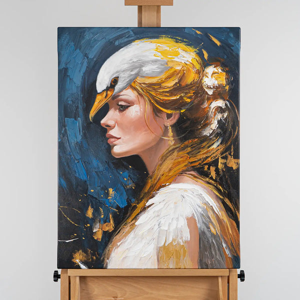 Leinwandbild handgemalt mit Acrylfarbe und Strukturpaste im Hochformat, Schwanenkoenigin, 60x80 mit Bilderrahmen in Schwarz