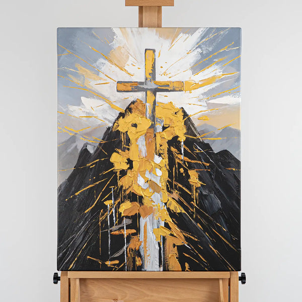 Leinwandbild handgemalt mit Acrylfarbe und Strukturpaste im Hochformat, Berg der Vergebung, 60x80 mit Bilderrahmen in Schwarz