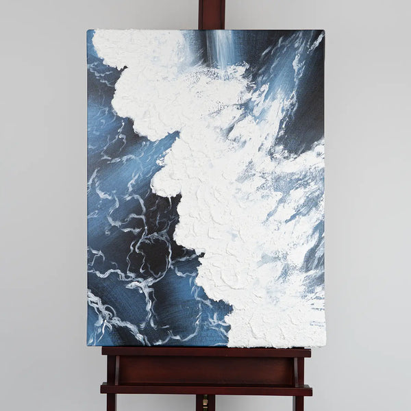 Leinwandbild handgemalt mit Acrylfarbe und Strukturpaste im Hochformat, Wellen des Seins, 60x80 mit Bilderrahmen in Schwarz