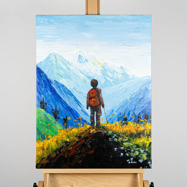 Leinwandbild handgemalt mit Acrylfarbe und Strukturpaste im Hochformat, Die Reise, 60x80 mit Bilderrahmen in Schwarz