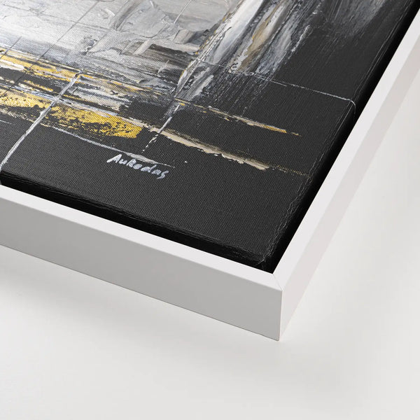 Leinwandbild handgemalt Gemälde mit Acrylfarbe und Strukturpaste im Panorama, Dunkle Eleganz, 120x60 mit Bilderrahmen in Eiche Hell