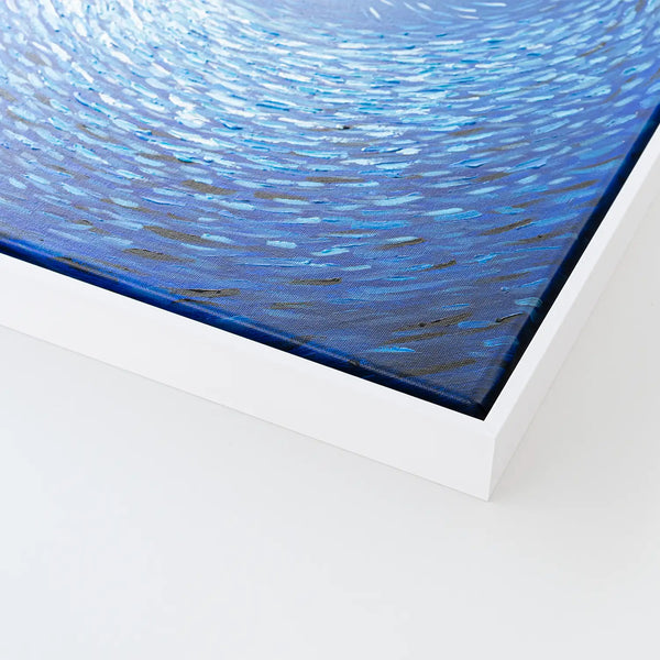 Leinwandbild handgemalt mit Acrylfarbe und Strukturpaste im Hochformat, Tiefen der Stille, 75x100 mit Bilderrahmen in Eiche Hell