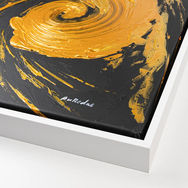 Leinwandbild handgemalt mit Acrylfarbe und Strukturpaste im Hochformat, Der Fall des Glanzes, 75x100 mit Bilderrahmen in Eiche Hell