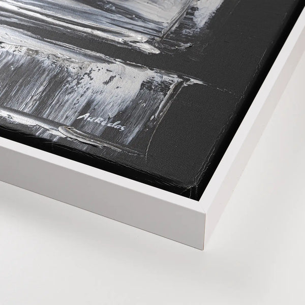 Leinwandbild handgemalt Gemälde mit Acrylfarbe und Strukturpaste im Panorama, Klang des Metalls, 120x60 mit Bilderrahmen in Eiche Hell