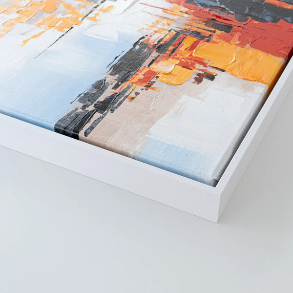 Leinwandbild handgemalt mit Acrylfarbe und Strukturpaste im Hochformat, Fragilitaet des Augenblicks, 75x100 mit Bilderrahmen in Eiche Hell