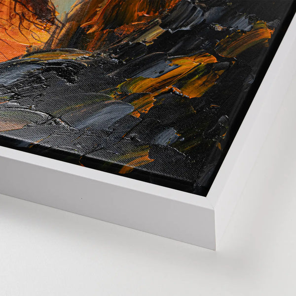 Leinwandbild handgemalt mit Acrylfarbe und Strukturpaste im Hochformat, Im Herz der Tiefe, 75x100 mit Bilderrahmen in Eiche Hell