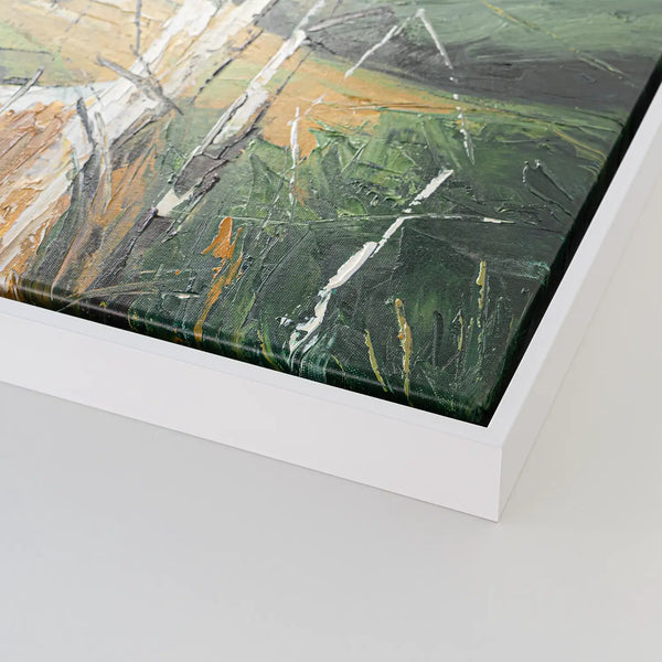 Leinwandbild handgemalt mit Acrylfarbe und Strukturpaste im Hochformat, fruehlingserwachen, 75x100 mit Bilderrahmen in Eiche Hell