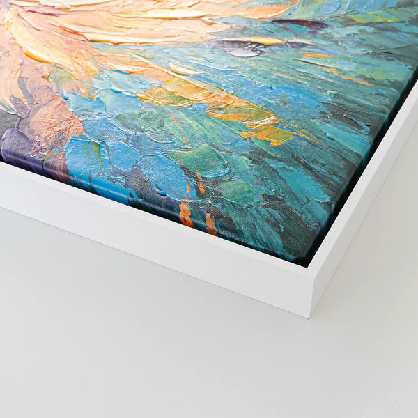 Leinwandbild handgemalt Gemälde mit Acrylfarbe und Strukturpaste im Panorama, Tanz der Farben, 120x60 mit Bilderrahmen in Eiche Hell