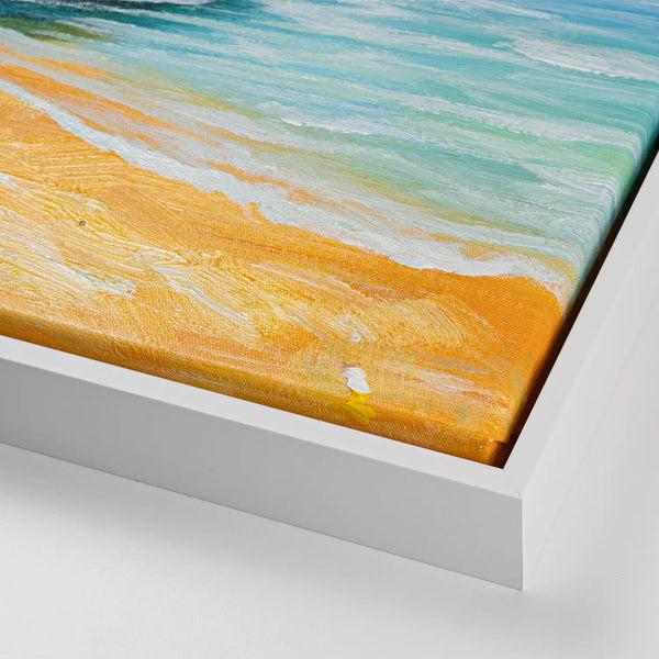 Leinwandbild handgemalt mit Acrylfarbe und Strukturpaste im Hochformat, Flucht in die Stille, 75x100 mit Bilderrahmen in Eiche Hell