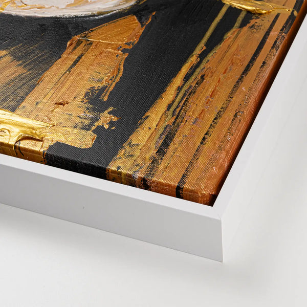 Leinwandbild handgemalt mit Acrylfarbe und Strukturpaste im Hochformat, Die Zukunft traegt Gold, 75x100 mit Bilderrahmen in Eiche Hell