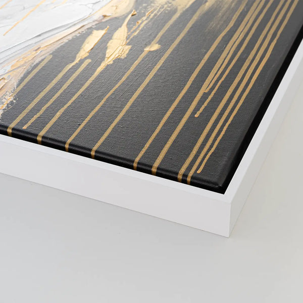 Leinwandbild handgemalt mit Acrylfarbe und Strukturpaste im Hochformat, Das goldene Schweigen, 75x100 mit Bilderrahmen in Eiche Hell