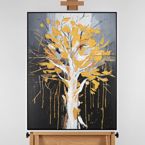 Leinwandbild handgemalt mit Acrylfarbe und Strukturpaste im Hochformat, Golden Leaves, 90x120 ohne Rahmen