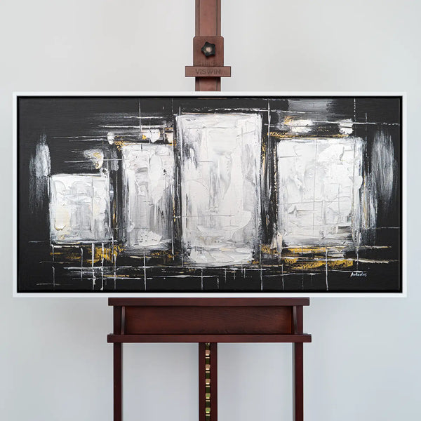 Leinwandbild handgemalt Gemälde mit Acrylfarbe und Strukturpaste im Panorama, Dunkle Eleganz, 140x70 ohne Rahmen