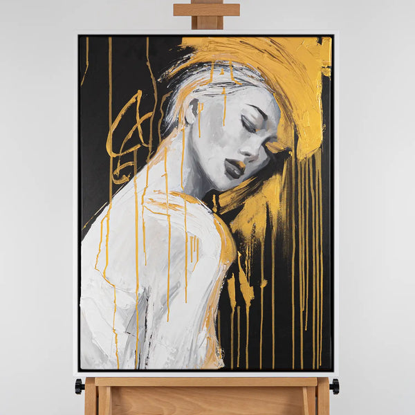 Leinwandbild handgemalt mit Acrylfarbe und Strukturpaste im Hochformat, Das goldene Schweigen, 90x120 ohne Rahmen