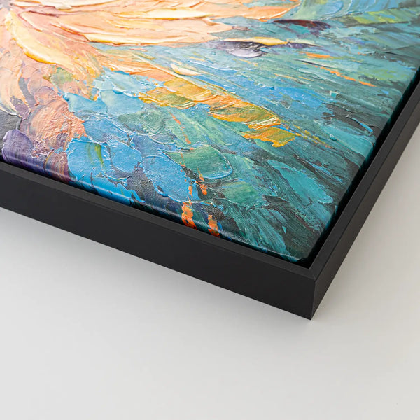 Leinwandbild handgemalt Gemälde mit Acrylfarbe und Strukturpaste im Panorama, Tanz der Farben, 160x80 mit Bilderrahmen in Schwarz