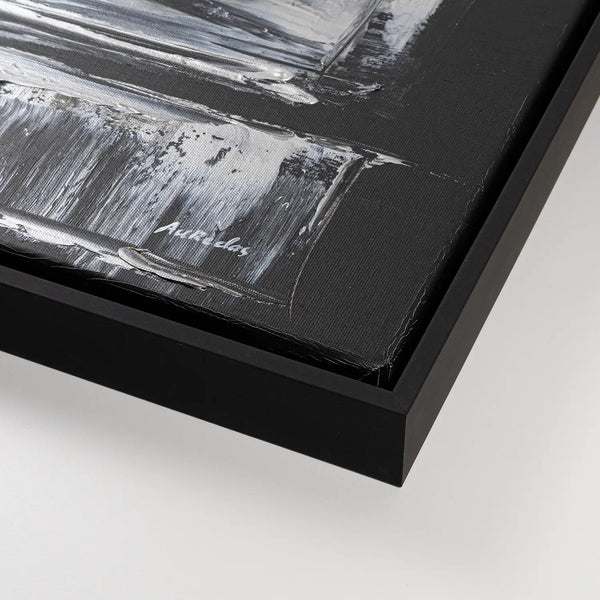 Leinwandbild handgemalt Gemälde mit Acrylfarbe und Strukturpaste im Panorama, Klang des Metalls, 160x80 mit Bilderrahmen in Schwarz