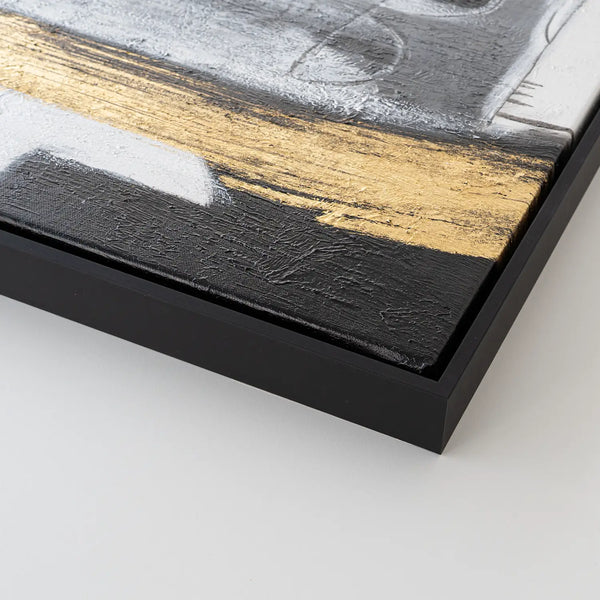 Leinwandbild handgemalt mit Acrylfarbe und Strukturpaste im Quadratisch, Goldenes Jetzt, 120x120 mit Bilderrahmen in Schwarz