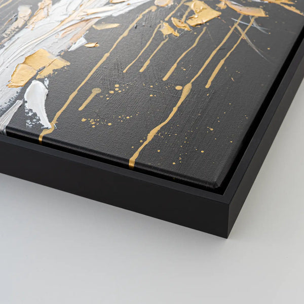 Leinwandbild handgemalt mit Acrylfarbe und Strukturpaste im Hochformat, Golden Leaves, 120x160 mit Bilderrahmen in Schwarz