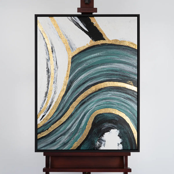 Leinwandbild handgemalt mit Acrylfarbe und Strukturpaste im Hochformat, Schleier der Wahrheit, 120x160 mit Bilderrahmen in Eiche Dunkel