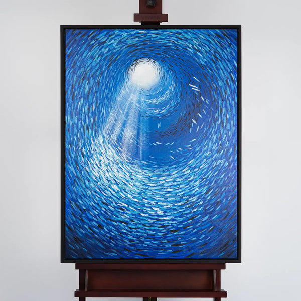 Leinwandbild handgemalt mit Acrylfarbe und Strukturpaste im Hochformat, Tiefen der Stille, 120x160 mit Bilderrahmen in Eiche Dunkel